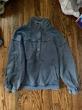 High-Neck Button Pullover Sweater - Slate Blue